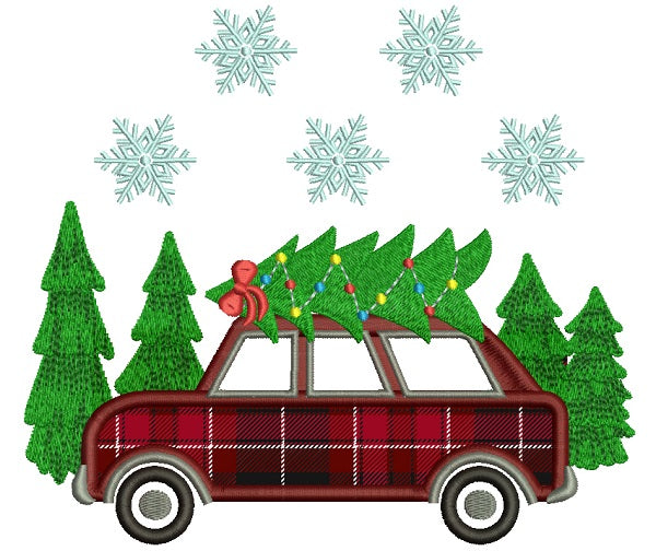 Car With a Christmas Tree On Top Applique Machine Embroidery Design Digitized Pattern