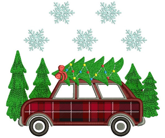 Car With a Christmas Tree On Top Applique Machine Embroidery Design Digitized Pattern