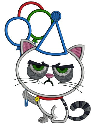 Cat That Looks Grumpy Holding Balloons Applique Machine Embroidery Design Digitized Pattern