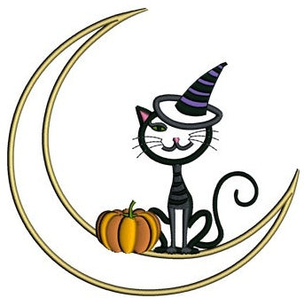 Cat on the moon Halloween Applique Machine Embroidery Digitized Design Pattern - Instant Download - 4x4 , 5x7, and 6x10