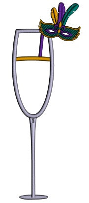 Champagne Glass With Mardi Gras Mask Applique Machine Embroidery Design Digitized Pattern