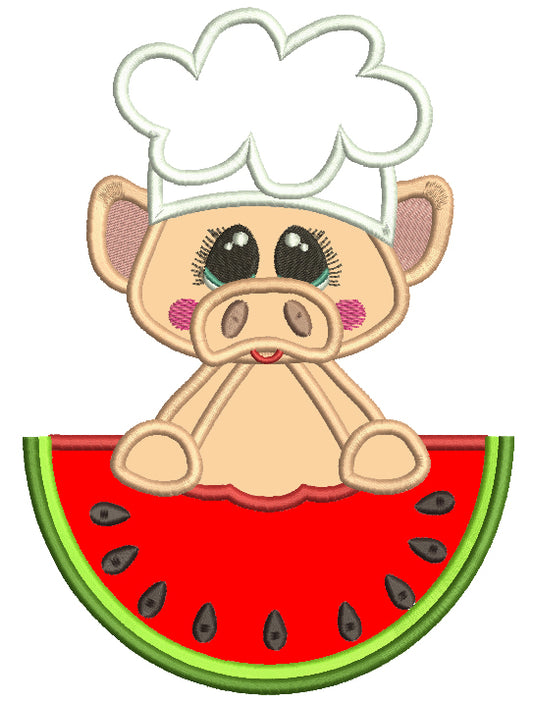 Chef Piggy Holding a Watermelon Applique Machine Embroidery Design Digitized Pattern