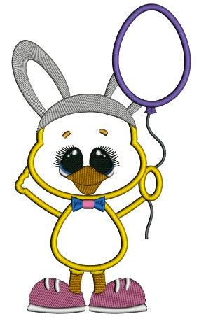 Chick Wearing Bunny Ears Holding Cute Balloon Easter Applique Machine Embroidery Design Digitized Pattern