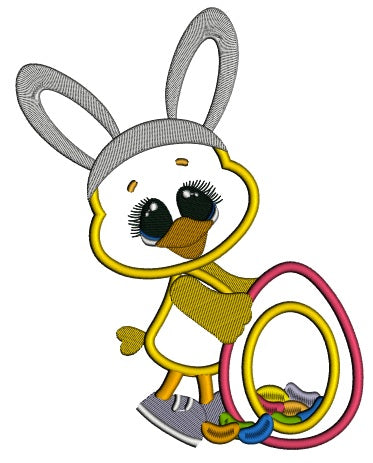 Chick Wearing Bunny Ears and Holding an Egg Easter Applique Machine Embroidery Design Digitized Pattern