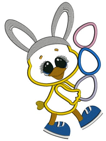 Chick Wearing Bunny Ears Holding Three Eggs Easter Applique Machine Embroidery Design Digitized Pattern