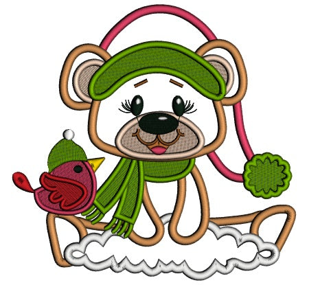 Christmas Bear With a Bird Applique Machine Embroidery Design Digitized Pattern