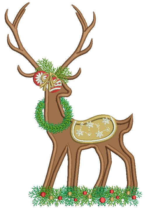 Christmas Deer With Ornaments Applique Machine Embroidery Design Digitized Pattern
