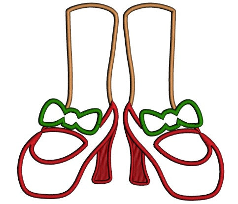 Christmas Girl Shoes With a Bow Applique Machine Embroidery Design Digitized Pattern