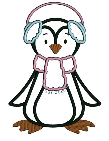 Christmas Penguin Wearing Scarf Applique Machine Embroidery Digitized Design Pattern