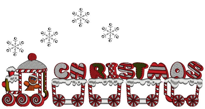 Christmas Train With Snow Flakes Applique Machine Embroidery Design Digitized Pattern
