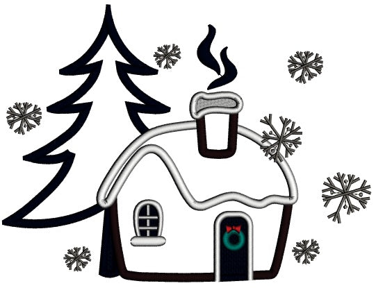 Christmas Tree And Cabin In The Woods Christmas Applique Machine Embroidery Design Digitized Pattern