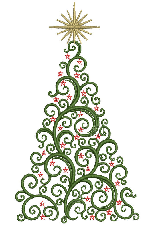 Christmas Tree With Big Star Filled Machine Embroidery Digitized Design Pattern