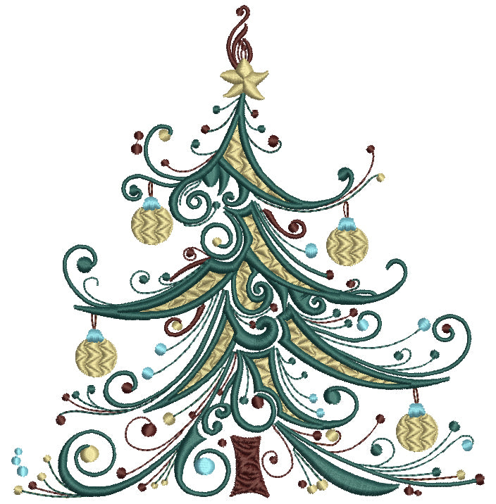 Christmas Tree With a Star And Fancy Ornaments Filled Machine Embroidery Design Digitized Pattern