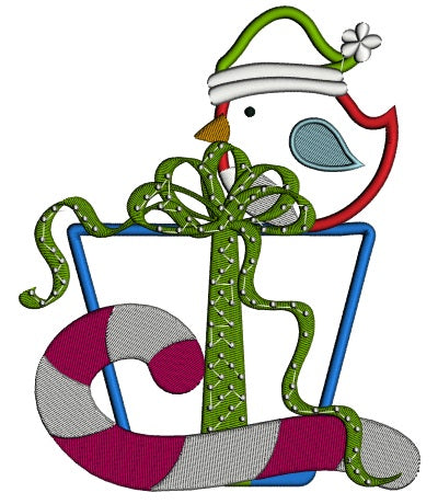 Christmas Bird Sitting on the a Box with Presents and Candy Cane Applique Machine Embroidery Design Digitized Pattern