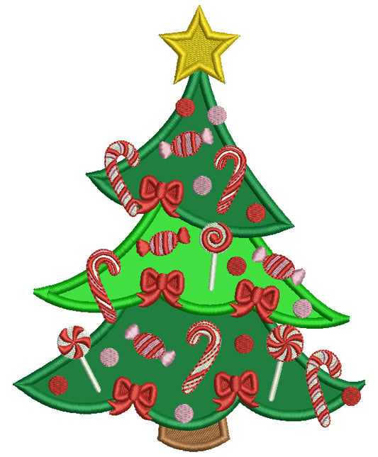 Christmas Tree With Candy Cane Ornaments Applique Machine Embroidery Design Digitized Pattern