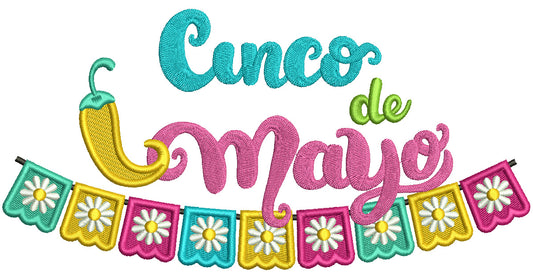 Cinco De Mayo Banner With Spicy Pepper Filled Machine Embroidery Design Digitized Pattern