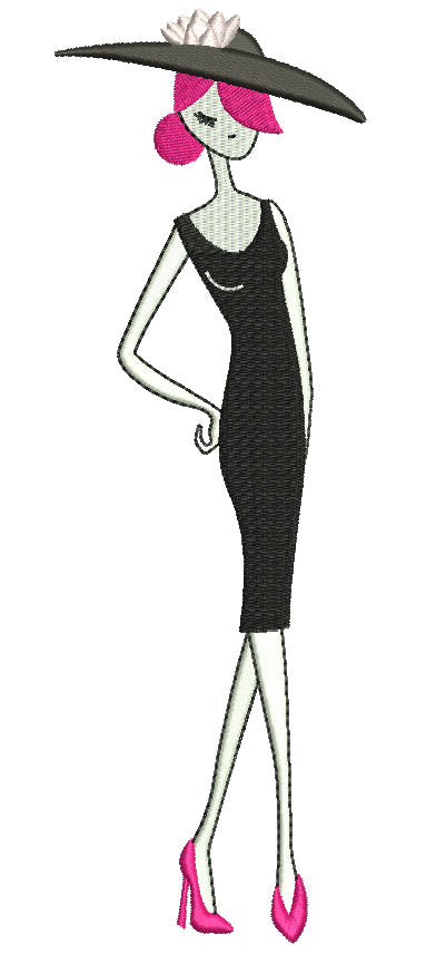 Classy Lady With a Large Hat Filled Machine Embroidery Digitized Design Pattern