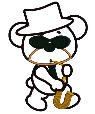 Cool Jazz Bear With Saxophone Applique Machine Embroidery Digitized Design Pattern