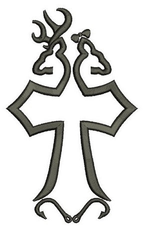 Cross Buck and Doe with fishing hooks deer with Heart digitized Filled machine embroidery design - Instant Download -4x4 , 5x7, and 6x10
