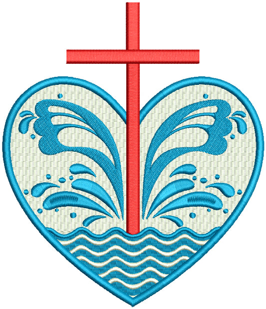 Cross Inside Heart With Waves Filled Machine Embroidery Design Digitized Pattern