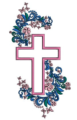 Cross With Beautiful Ornamental Flowers Applique Machine Embroidery Design Digitized Pattern