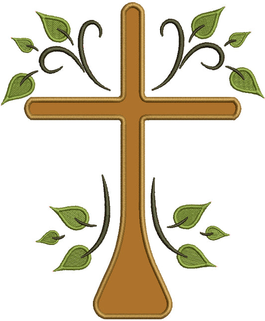 Cross With Leaves Religious Applique Machine Embroidery Design Digitized Pattern