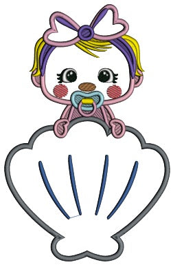 Cute Baby Behind a Shell Applique Machine Embroidery Design Digitized Pattern
