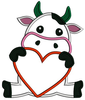 Cute Baby Bull Holding Big Heart Valentine's Day Applique Machine Embroidery Design Digitized Pattern