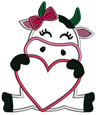 Cute Baby Cow Holding Big Heart Valentine's Day Applique Machine Embroidery Design Digitized Pattern