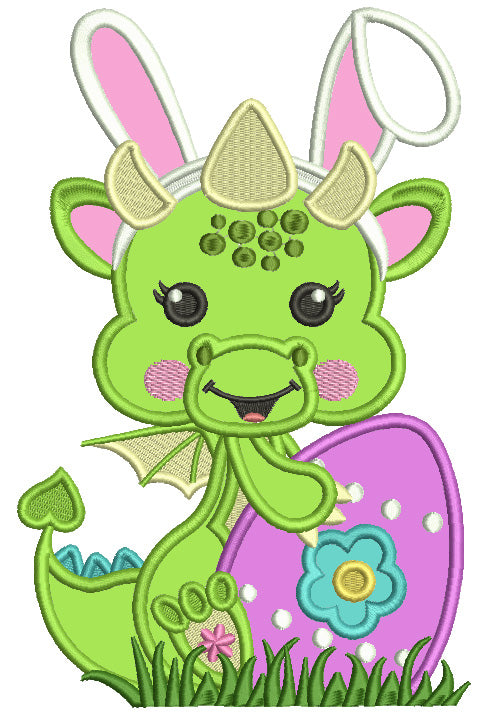 Cute Baby Dragon With Bunny Ears Holding Easter Egg Applique Machine Embroidery Design Digitized Pattern