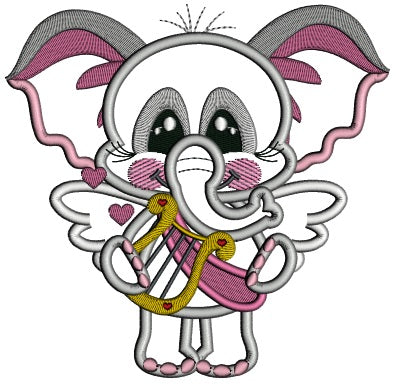 Cute Baby Elephant Angel With a Harp Valentine's Day Applique Machine Embroidery Design Digitized Pattern