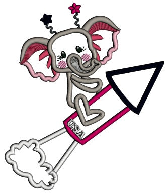 Cute Baby Elephant Flying On a Firecracker Patriotic 4th Of July Applique Machine Embroidery Design Digitized Pattern