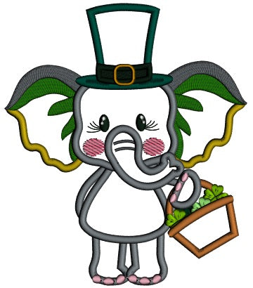 Cute Baby Elephant Holding Basket And Wearing Tall St. Patrick's Hat Applique Machine Embroidery Design Digitized Pattern