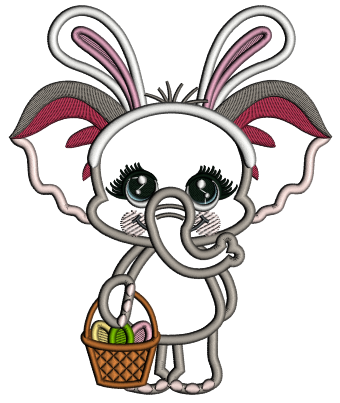 Cute Baby Elephant Wearing Bunny Ears With Easter Eggs Applique Machine Embroidery Design Digitized Pattern