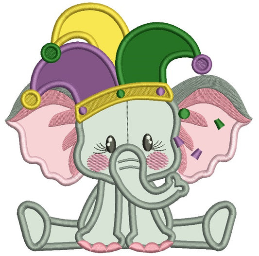 Cute Baby Elephant Wearing Mardi Grass Jester's Hat Applique Machine Embroidery Design Digitized Pattern
