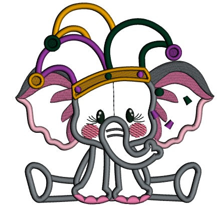 Cute Baby Elephant Wearing Mardi Grass Jester's Hat Applique Machine Embroidery Design Digitized Pattern