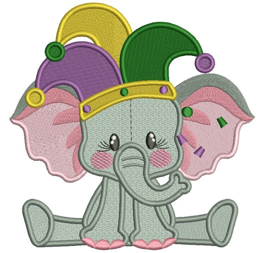 Cute Baby Elephant Wearing Mardi Grass Jester's Hat Filled Machine Embroidery Design Digitized Pattern
