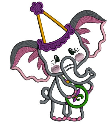 Cute Baby Elephant Wearing Triangular Mardi Gras Hat Applique Machine Embroidery Design Digitized Pattern