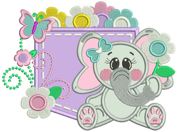 Cute Baby Elephant With A Pocket Full of Posies Applique Machine Embroidery Design Digitized Pattern