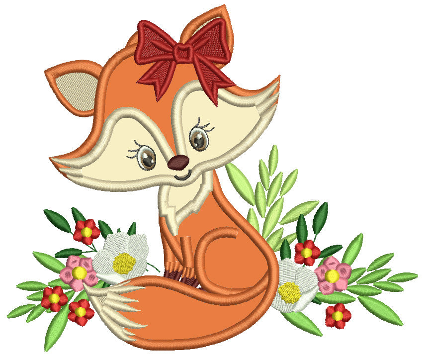 Cute Baby Fox With Hair Bow And Flowers Applique Machine Embroidery Design Digitized Pattern