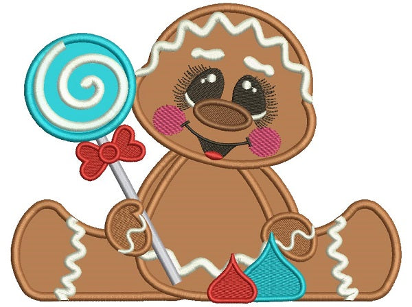 Cute Baby Gingerbread Girl Holding a Lollypop Applique Machine Embroidery Design Digitized Pattern