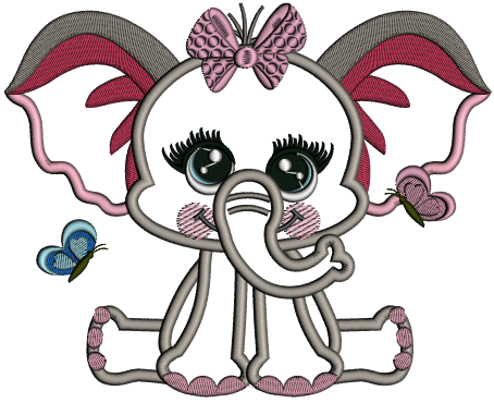 Cute Baby Girl Elephant With Butterflies Applique Machine Embroidery Design Digitized Pattern