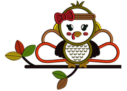 Cute Baby Girl Sitting On The Branch Thanksgiving Turkey Applique Machine Embroidery Design Digitized Pattern