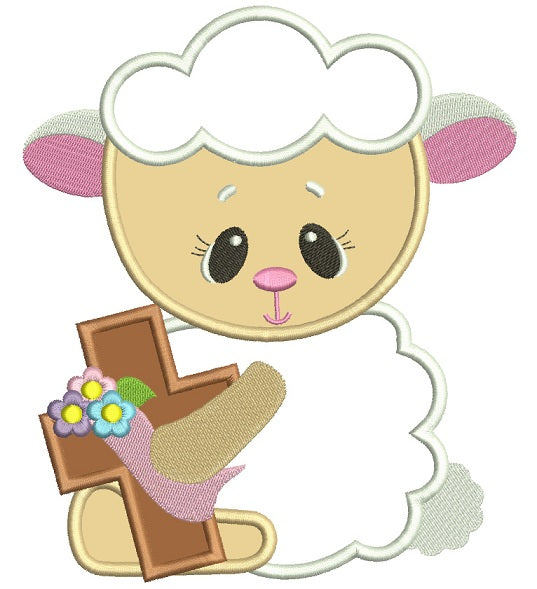 Cute Baby Lamb With a Cross Easter Applique Machine Embroidery Design Digitized Pattern