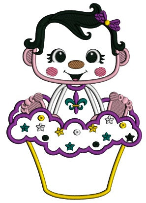 Cute Baby Sitting In The Mardi Gras Cupcake Applique Machine Embroidery Design Digitized Pattern