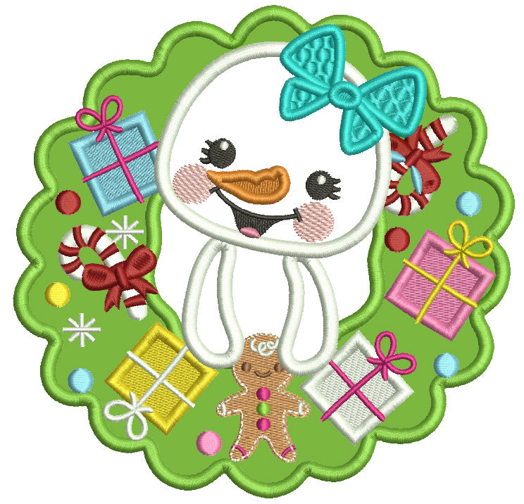 Cute Baby Snowman Girl Christmas Presents Wreath Applique Machine Embroidery Design Digitized Pattern