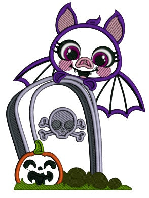 Cute Bat Behind a Headstone With a Pumpkin Halloween Applique Machine Embroidery Design Digitized Pattern