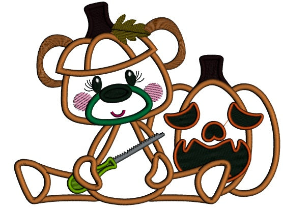 Cute Bear Carving Halloween Pumpkin Applique Machine Embroidery Design Digitized Pattern