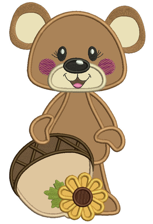 Cute Bear Holding Big Acorn Thanksgiving Applique Machine Embroidery Design Digitized Pattern
