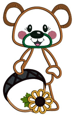 Cute Bear Holding Big Acorn Thanksgiving Applique Machine Embroidery Design Digitized Pattern